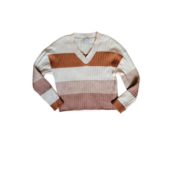 Poof Apparel Sweaters - Poof Apparel Ribbed Earthy Striped VNeck Super Soft Pullover Fall Sweater Size M